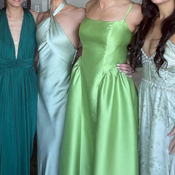 Dessy Collection Satin Twill Spaghetti Strap Ball Gown in Lime - Picture 7 of 7